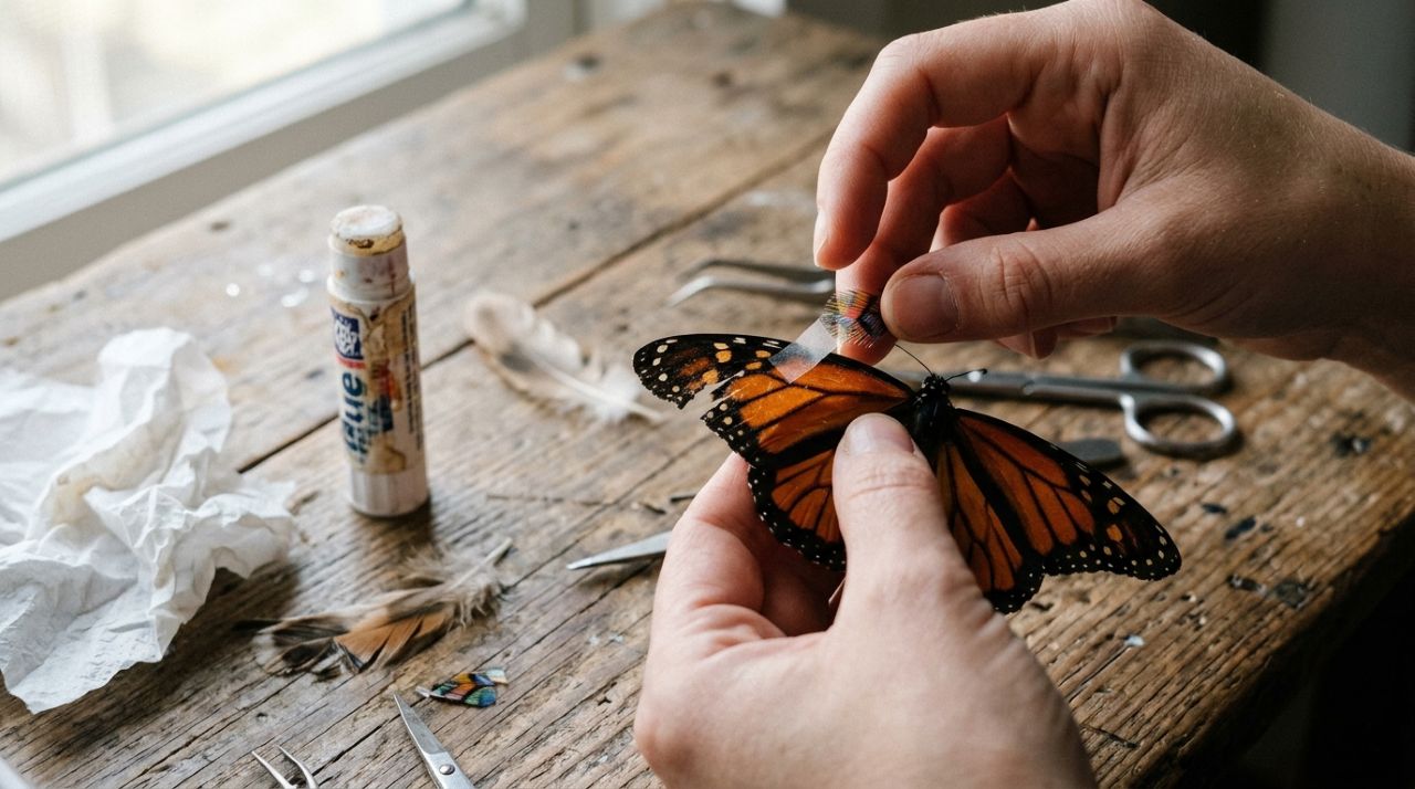 Artista encontra borboleta com asa danificada que não conseguia voar e surpreende ao usar materiais de arte para ajudá-la a voar novamente