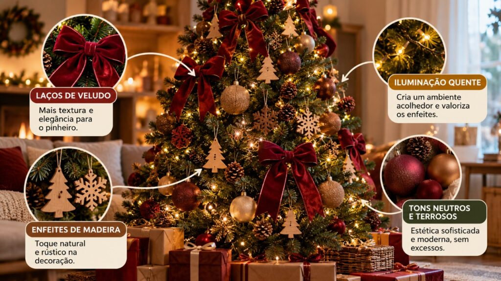 Adeus à árvore de Natal tradicional cheia de bolas coloridas e festões brilhantes: nova tendência aposta em árvores decoradas com laços de veludo, enfeites de madeira e luzes amarelas para deixar a casa mais elegante e acolhedora durante as festas de fim de ano