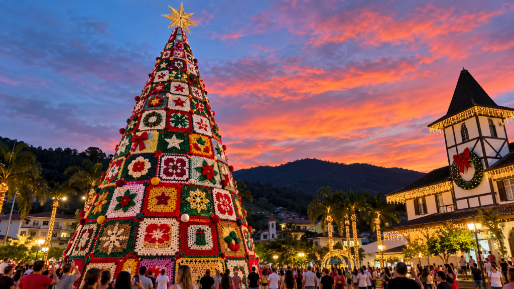 Parece filme, mas é em Santa Catarina: a maior árvore de Natal de crochê do país, com 4,8 mil quadradinhos feitos à mão, precisa de guindaste para ser montada