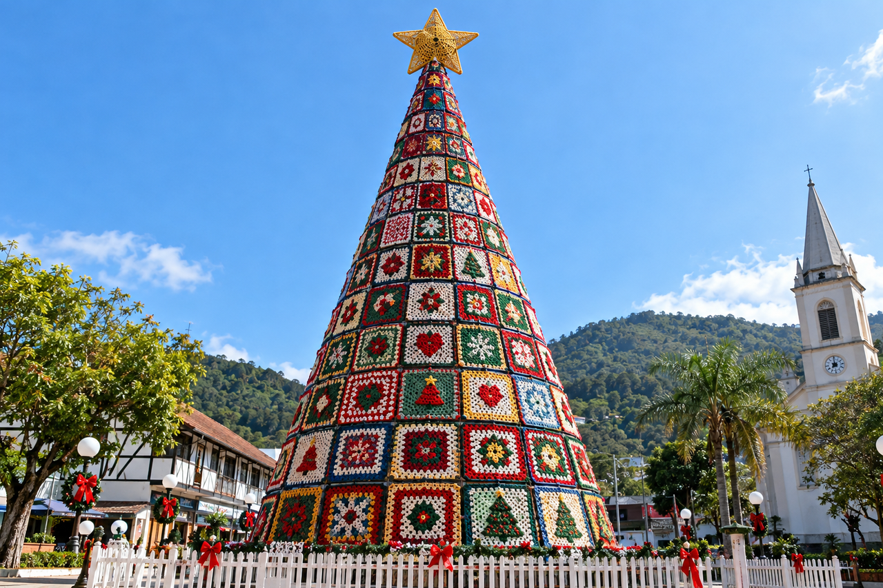 Parece filme, mas é em Santa Catarina: a maior árvore de Natal de crochê do país, com 4,8 mil quadradinhos feitos à mão, precisa de guindaste para ser montada