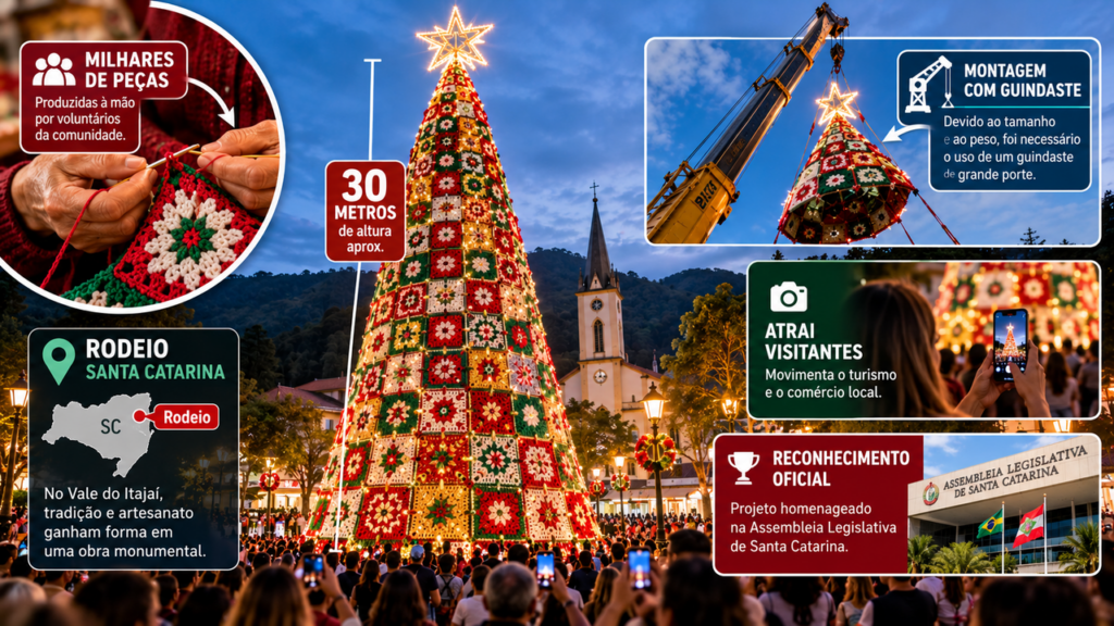 Parece filme, mas é em Santa Catarina: a maior árvore de Natal de crochê do país, com 4,8 mil quadradinhos feitos à mão, precisa de guindaste para ser montada