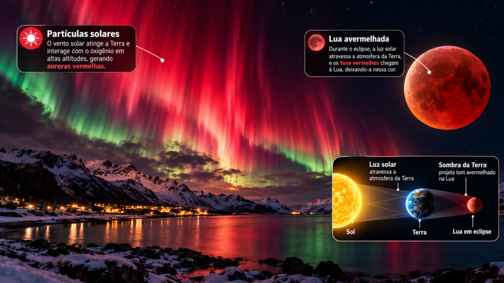 Aurora boreal vermelha pode surgir ao mesmo tempo que a Lua fica avermelhada em eclipse raro, criando um espetáculo impressionante no céu que depende de uma combinação incomum de fenômenos astronômicos