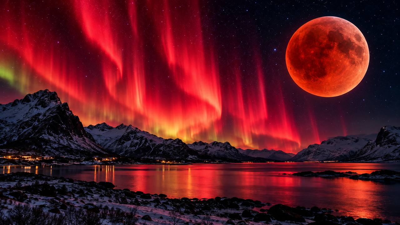 Aurora boreal vermelha pode surgir ao mesmo tempo que a Lua fica avermelhada em eclipse raro, criando um espetáculo impressionante no céu que depende de uma combinação incomum de fenômenos astronômicos