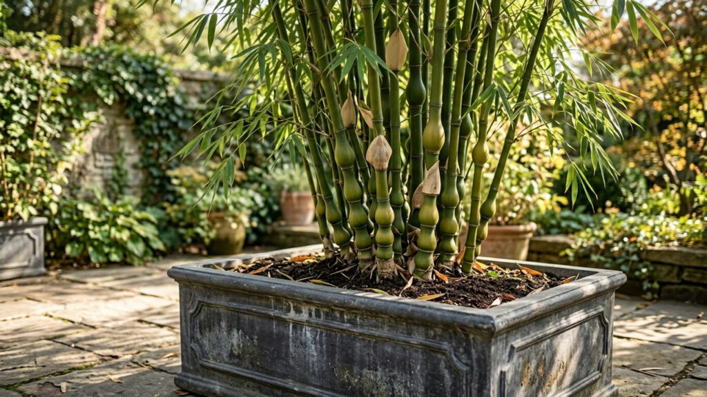 Bambu-barriga-de-buda em floreiras: o segredo do controle da rega para fazer os gomos ficarem bem arredondados e decorativos