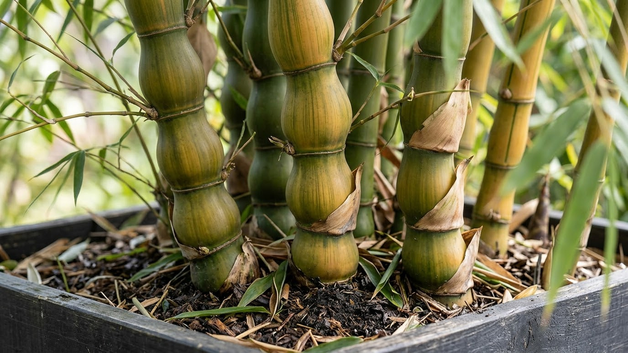 Bambu-barriga-de-buda em floreiras: o segredo do controle da rega para fazer os gomos ficarem bem arredondados e decorativos