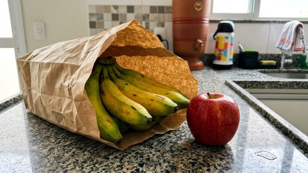 Vendedores de frutas explicam: “Se você quer que a banana verde amadureça mais rápido, não a deixe completamente isolada das frutas maduras, pois um gás natural liberado por elas pode acelerar o processo”