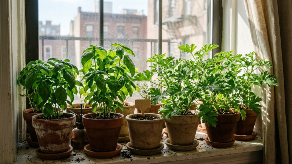 Cultivar essas ervas aromáticas na janela funciona como uma barreira verde natural que impede a entrada de insetos e moscas