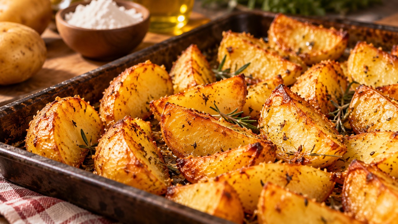 Cozinheiros revelam o segredo das batatas assadas douradas e crocantes por fora: adicionar 2 colheres de sopa de amido de milho antes de levar ao forno