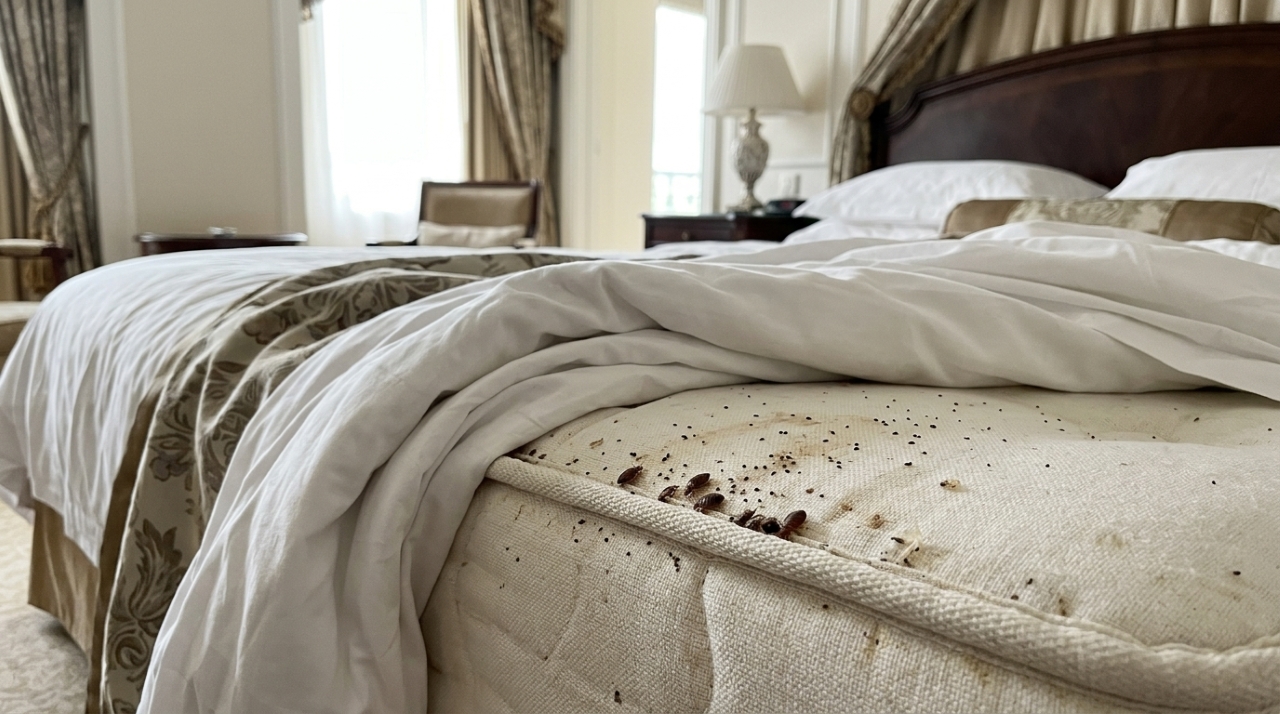 Percevejos de cama nas costuras de um colchão branco em quarto de hotel, representando falha de higiene que pode gerar indenização aos hóspedes. - Imagem ilustrativa criada por inteligência artificial