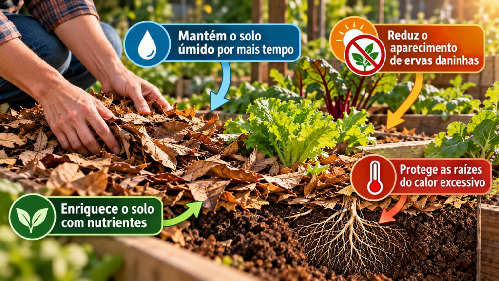 Morador colocou uma camada de folhas secas sobre o solo da horta e descobriu como essa técnica simples ajuda a conservar a umidade, diminuir o crescimento de ervas daninhas e proteger as raízes durante os períodos mais quentes