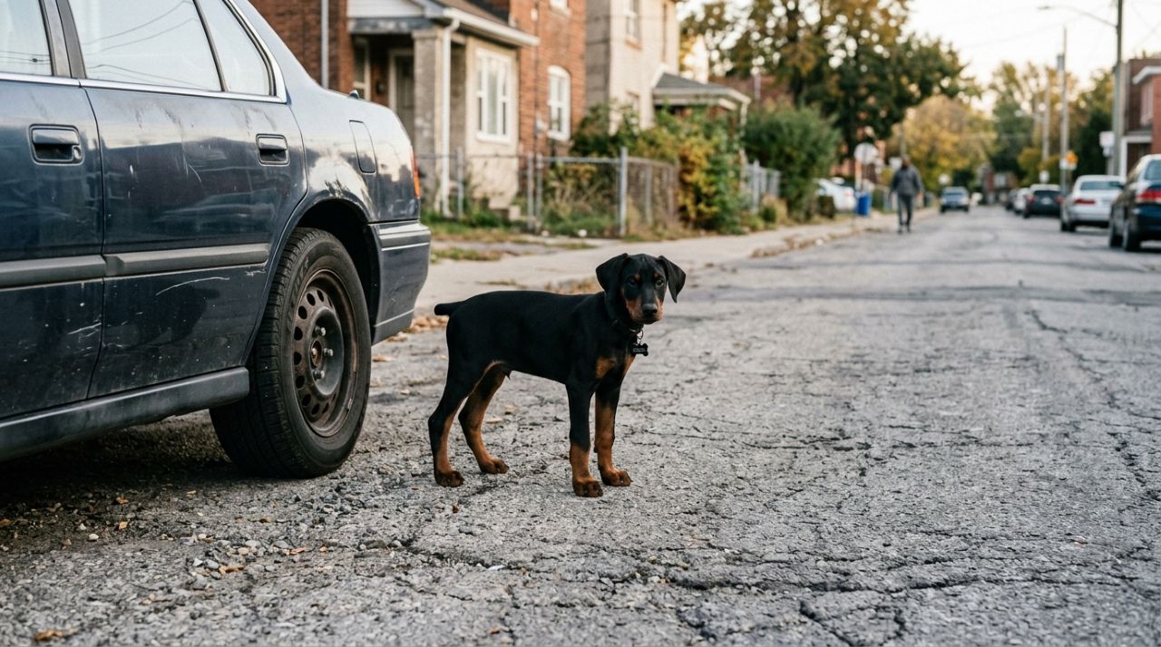 Filhote de Doberman é encontrado sozinho e sem ninguém por perto, até que uma família muda completamente o seu destino