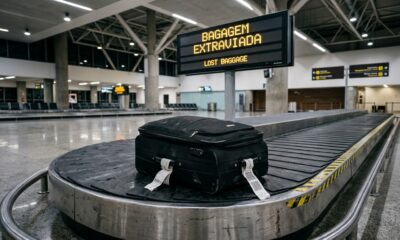 Mala preta em esteira de bagagens de aeroporto internacional, representando caso de extravio que resultou em indenização de R$ 6 mil. - Imagem ilustrativa criada por inteligência artificial