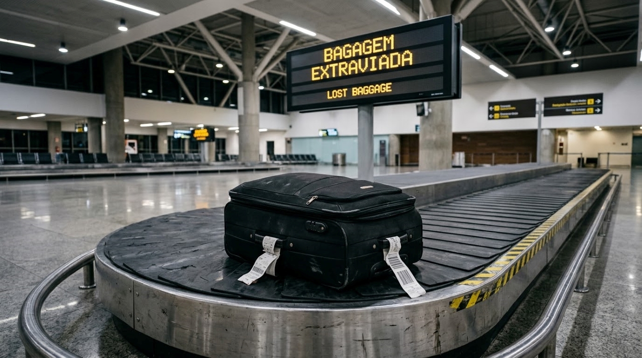 Mala preta em esteira de bagagens de aeroporto internacional, representando caso de extravio que resultou em indenização de R$ 6 mil. - Imagem ilustrativa criada por inteligência artificial