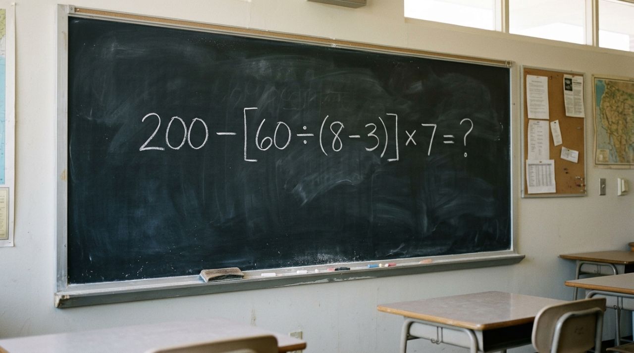 Poucos percebem qual operação vem primeiro: 200 − [60 ÷ (8 − 3)] × 7