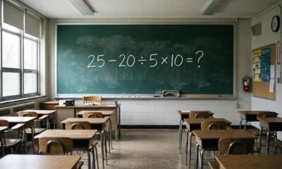 Quem estudou matemática na escola deveria resolver: 25 − 20 ÷ 5 × 10