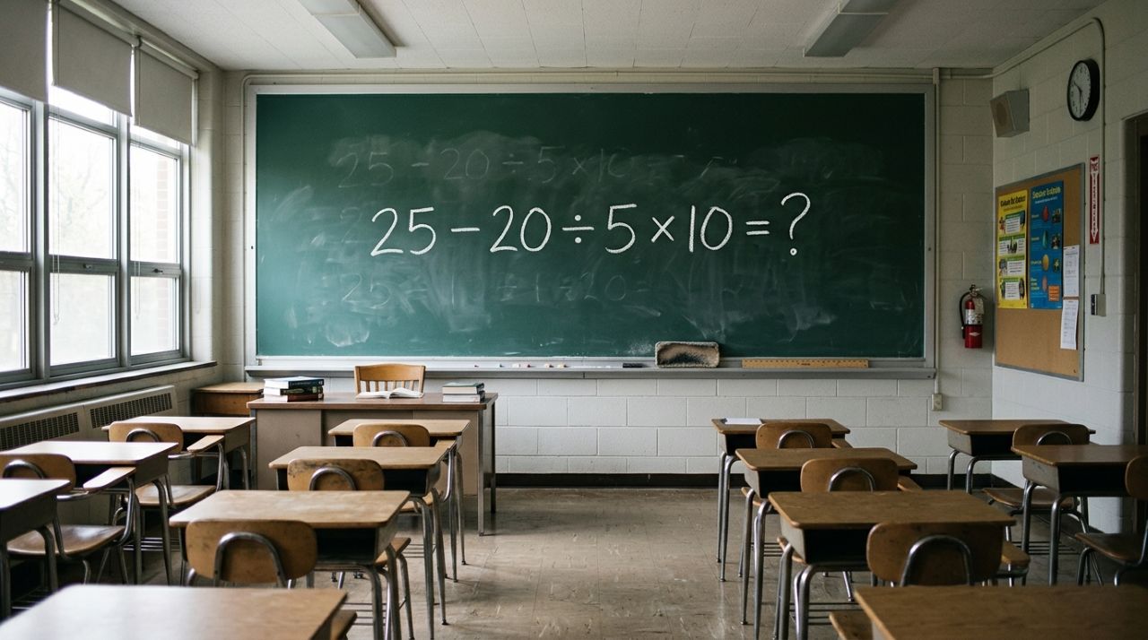 Quem estudou matemática na escola deveria resolver: 25 − 20 ÷ 5 × 10