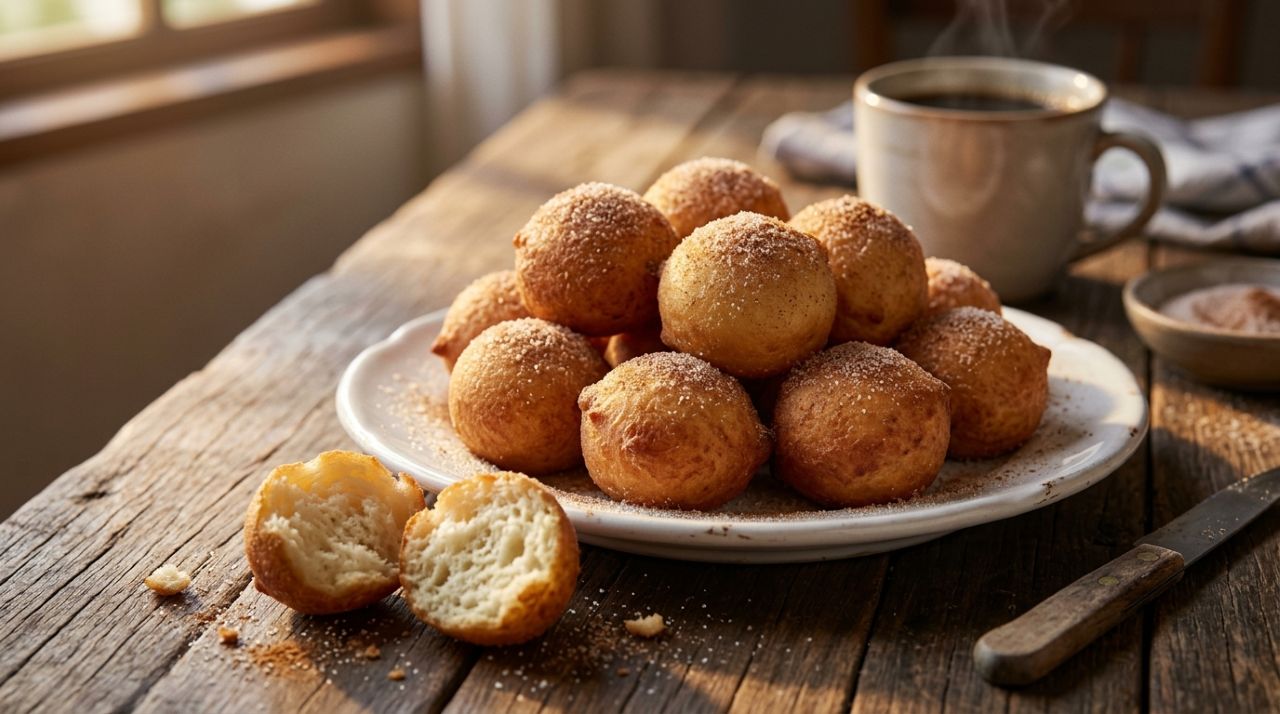 Chefs de cozinha afirmam: para o bolinho de chuva não ficar cru por dentro, não frite em óleo quente demais, mas mantenha a temperatura próxima de 175 °C e faça porções pequenas