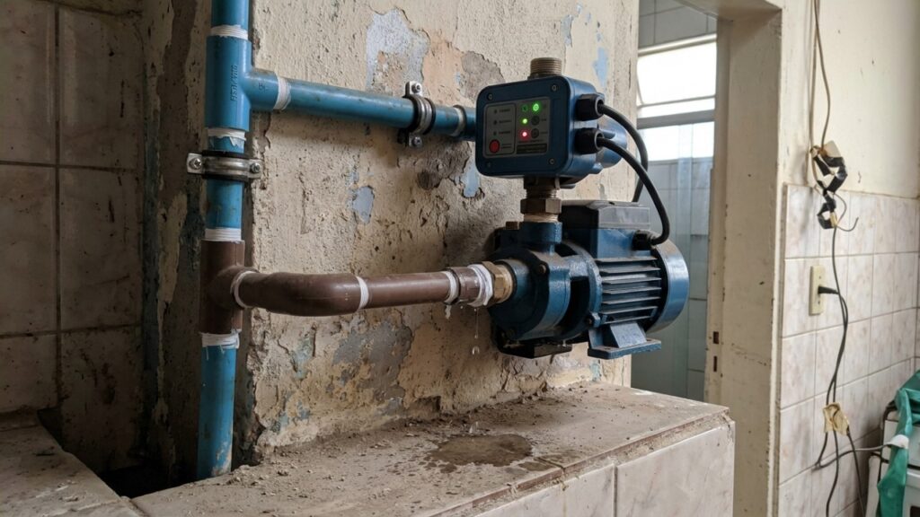 Morador instala bomba pressurizadora para aumentar a pressão do chuveiro e descobre que pequenos vazamentos, regulagem incorreta e uso simultâneo de torneiras podem fazer o motor ligar o dia inteiro