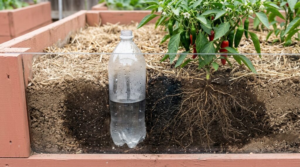 Morador enterrou garrafas PET com furinhos ao lado das plantas para regar menos e acabou criando um sistema de gotejamento que mantém a horta úmida por dias