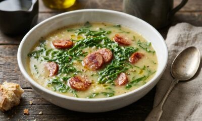 Chefs de cozinha afirmam: “Para o caldo verde ficar cremoso e manter a couve verdinha, não cozinhe as folhas desde o começo junto com a batata, mas acrescente a couve nos últimos minutos de preparo”