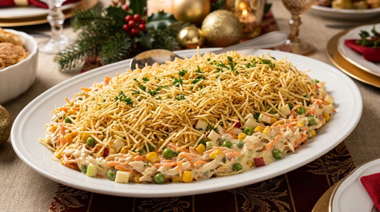 Chefs de cozinha afirmam: “Para o salpicão de Natal ficar cremoso e com a batata palha crocante, não misture todos os ingredientes horas antes de servir, mas deixe a finalização para o último momento”