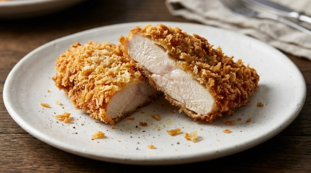 Filé de frango empanado cortado ao meio sobre prato branco, mostrando casquinha de panko dourada e crocante e interior de carne branca suculenta. - Imagem ilustrativa criada por inteligência artificial