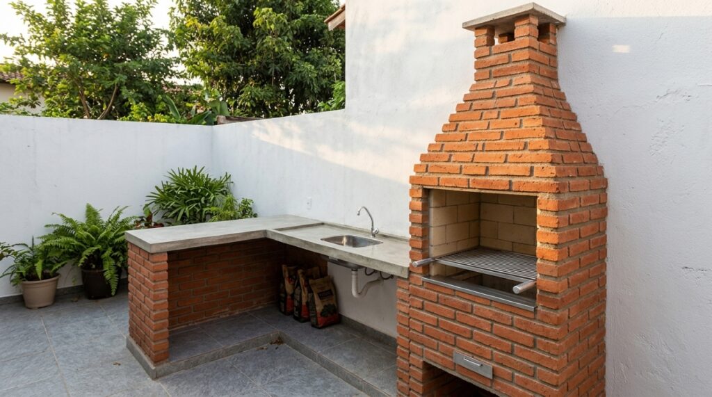 Churrasqueira de alvenaria com tijolos aparentes, grelha metálica e chaminé, acompanhada de bancada de concreto e pia em quintal residencial brasileiro. - Imagem ilustrativa criada por inteligência artificial