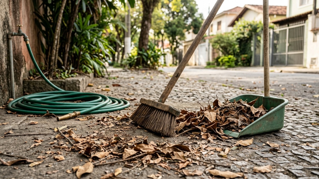 Moradora lavava a calçada com mangueira toda manhã até descobrir que o desperdício de água potável pode gerar advertência, multa ou outras medidas