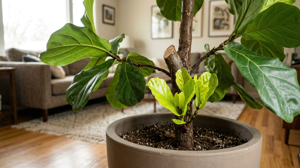 O truque de poda e iluminação simples que faz o Ficus Lyrata acordar e soltar brotações de folhas gigantes no ambiente de sala