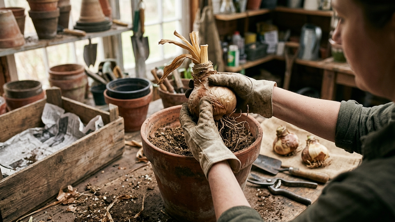 O cuidado essencial com os bulbos de amaryllis após a floração para armazenar a raiz no escuro e replantar com sucesso na época certa