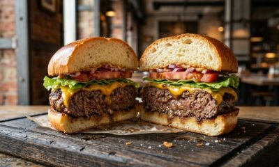 Hambúrguer artesanal cortado ao meio, com carne bovina espessa e suculenta, crosta dourada, queijo cheddar derretido e pão brioche tostado. - Imagem ilustrativa criada por inteligência artificial