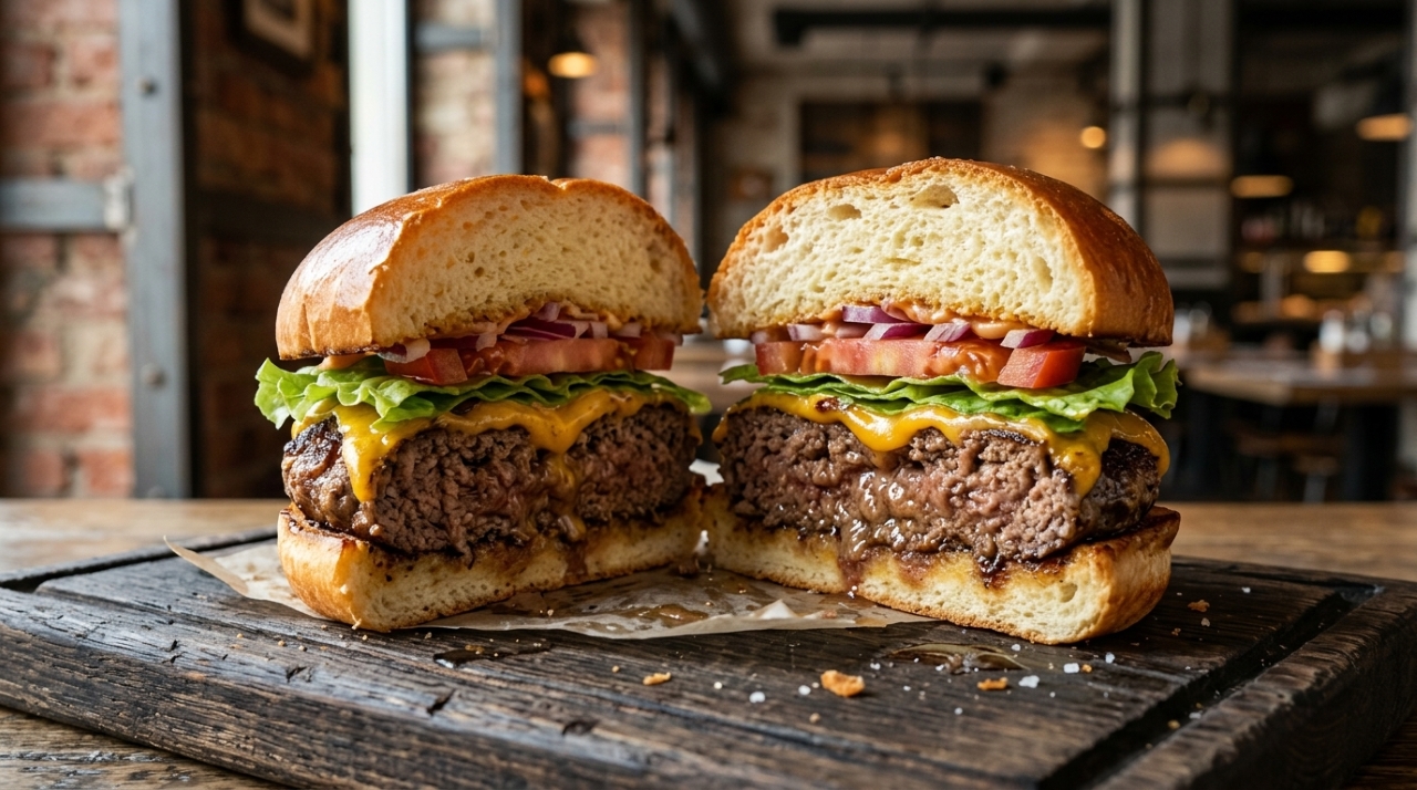 Hambúrguer artesanal cortado ao meio, com carne bovina espessa e suculenta, crosta dourada, queijo cheddar derretido e pão brioche tostado. - Imagem ilustrativa criada por inteligência artificial