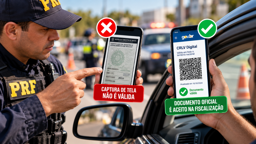 Motorista mostra comprovante de seguro pelo celular durante blitz, agente questiona a validade do arquivo e ele descobre por que uma imagem não substitui o documento oficial