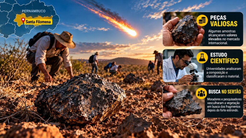 Em 2020, uma chuva de meteoritos caiu sobre uma cidade do sertão de Pernambuco, moradores passaram dias procurando as pedras no mato e alguns fragmentos foram vendidos a colecionadores por milhares de reais
