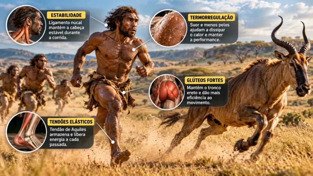 Cientistas revelam por que o corpo humano evoluiu para correr longas distâncias: tendões elásticos, músculos específicos e uma capacidade extraordinária de dissipar calor podem ter ajudado nossos ancestrais a sobreviver nas savanas africanas