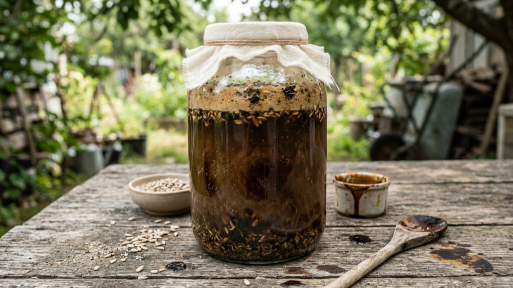 Calda de semente de girassol com açúcar mascavo na horta: como o ativador microbiológico turbina a terra e a produção de tomateiros