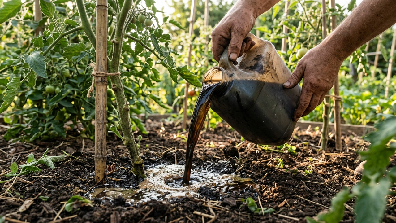 Calda de semente de girassol com açúcar mascavo na horta: como o ativador microbiológico turbina a terra e a produção de tomateiros