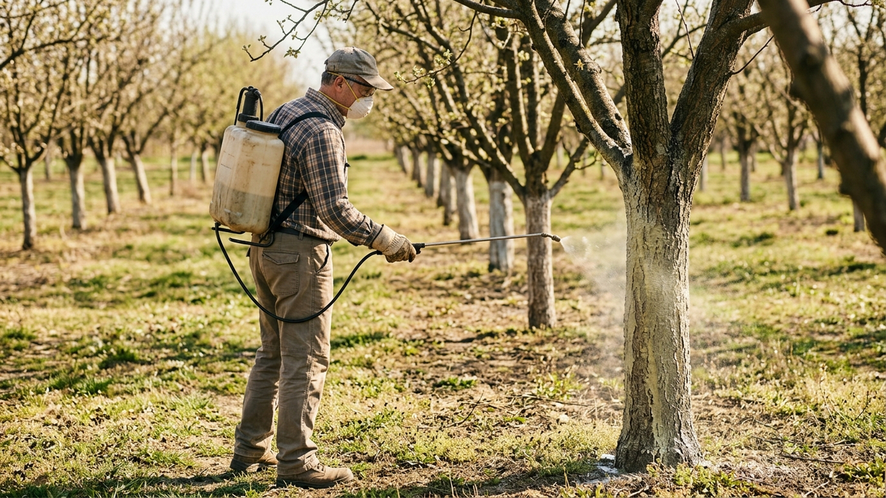 Borrifar calda sulfocálcica em dosagem suave no pomar: o método preventivo de choque que barra ácaros e limpa a casca das árvores