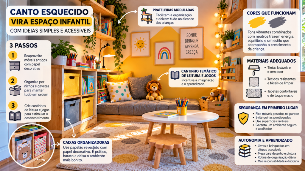 Canto esquecido da casa ganha nova vida antes do Dia das Crianças e se transforma em um espaço de brincadeiras incrível sem exigir uma grande reforma