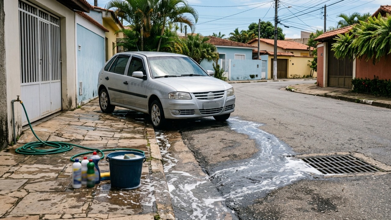 Homem decidiu lavar o carro na via pública em frente de casa e só depois descobriu que a prática pode ser proibida e gerar multa
