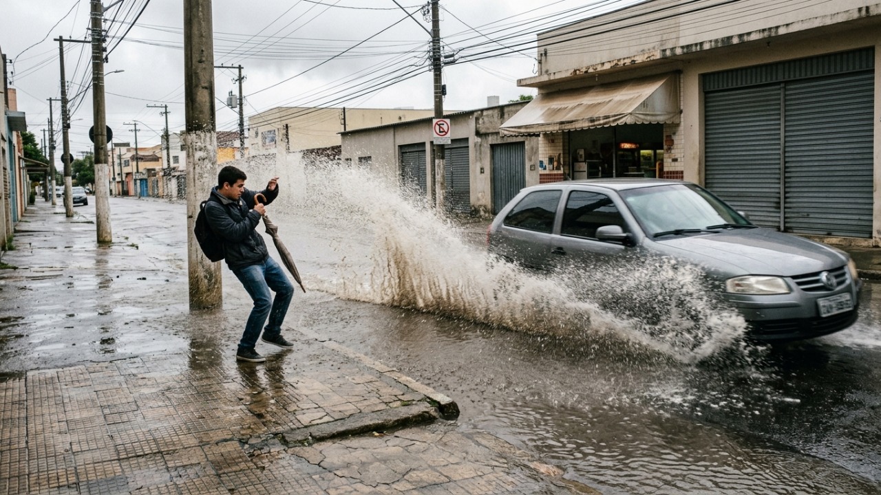 Motorista passa rápido por uma poça, molha um pedestre na calçada e descobre que a “brincadeira” pode virar infração, com multa e 4 pontos na CNH