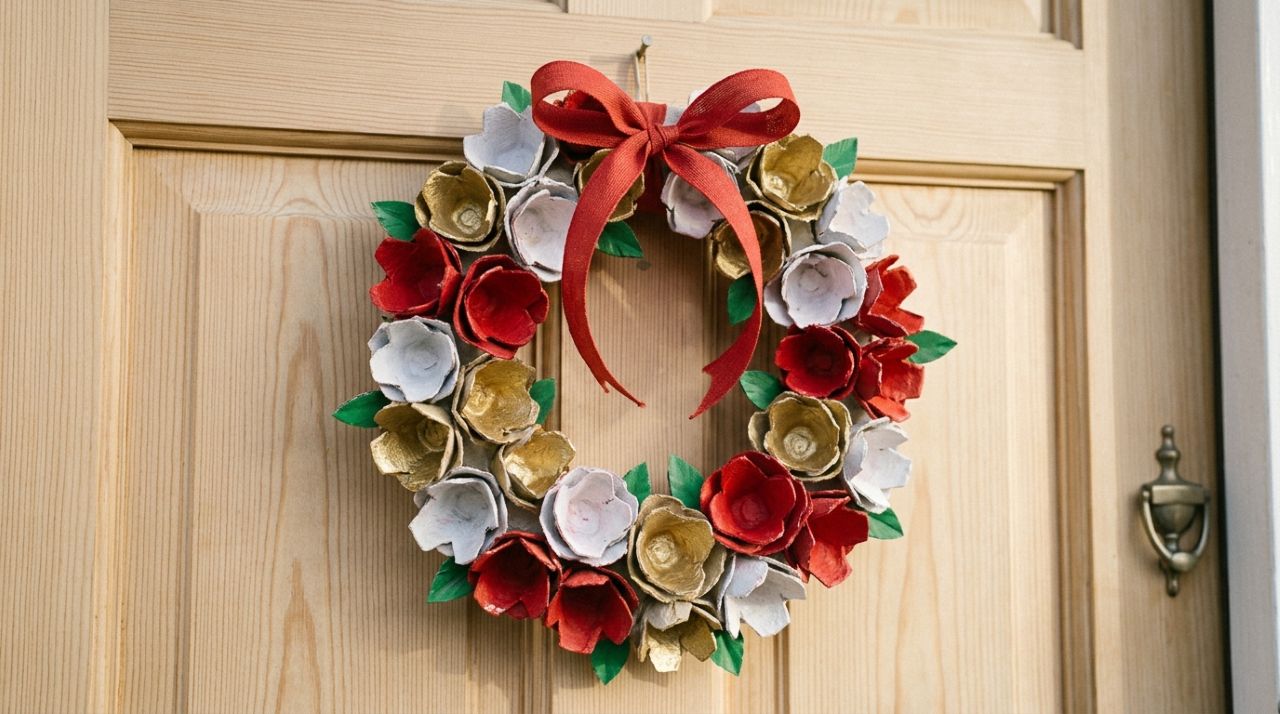 Mulher guardou caixas de ovos que iriam para o lixo, recortou pequenas flores e criou uma guirlanda de Natal delicada gastando quase nada