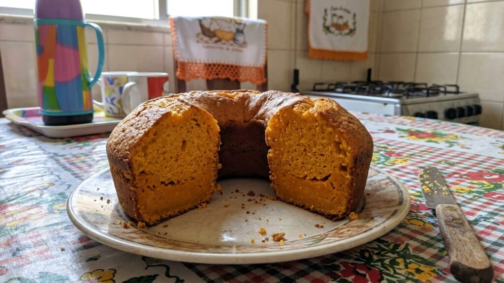 Bolo de cenoura fica macio nas bordas, mas apresenta uma faixa solada no fundo da forma, e um erro na proporção dos ingredientes pode explicar por que a massa não cresceu de maneira uniforme