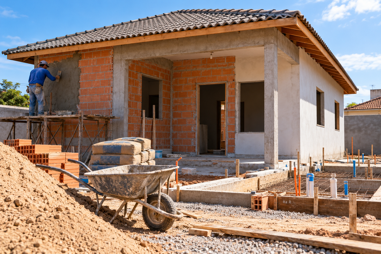 Quanto custa construir uma casa de 50 m² em terreno próprio em 2026, com 2 quartos, sala, cozinha e banheiro, usando materiais econômicos e mão de obra contratada para concluir toda a obra