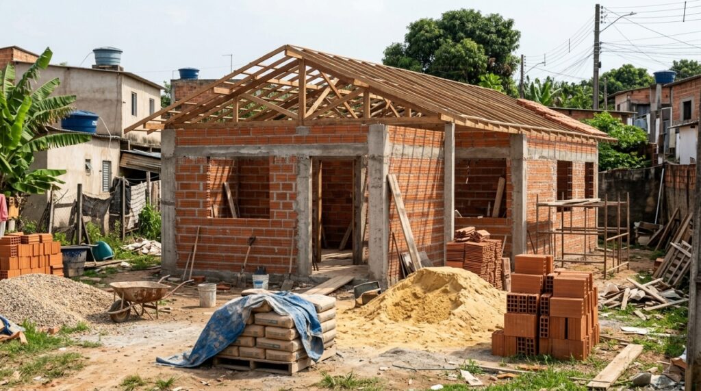 Casa pequena em construção com paredes de tijolos vermelhos, telhado parcialmente instalado e materiais organizados no terreno. - Imagem ilustrativa criada por inteligência artificial