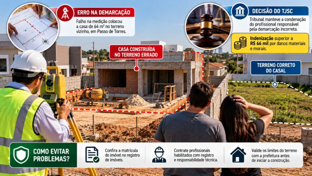 Após comprar um terreno e acompanhar a construção da casa própria de 64 m², casal descobre que o imóvel foi construído em uma propriedade vizinha e acaba diante de uma decisão judicial que determina o pagamento de mais de R$ 66 mil