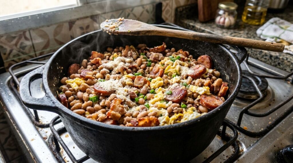 Chefs de cozinha ensiam: “Para o feijão tropeiro ficar soltinho e não virar uma mistura grudenta, não adicione farinha aos grãos ainda molhados, mas escorra o feijão e incorpore a farinha gradualmente”