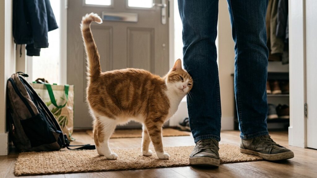 Especialistas explicam: “Quando o gato se aproxima com a cauda levantada e a ponta curvada como um ponto de interrogação, ele pode estar fazendo uma saudação amistosa e mostrando disposição para interagir”