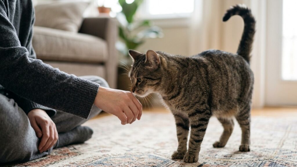 Especialistas explicam: “Quando o gato se aproxima com a cauda levantada e a ponta curvada como um ponto de interrogação, ele pode estar fazendo uma saudação amistosa e mostrando disposição para interagir”