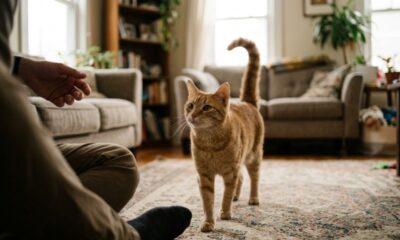 Especialistas explicam: “Quando o gato se aproxima com a cauda levantada e a ponta curvada como um ponto de interrogação, ele pode estar fazendo uma saudação amistosa e mostrando disposição para interagir”